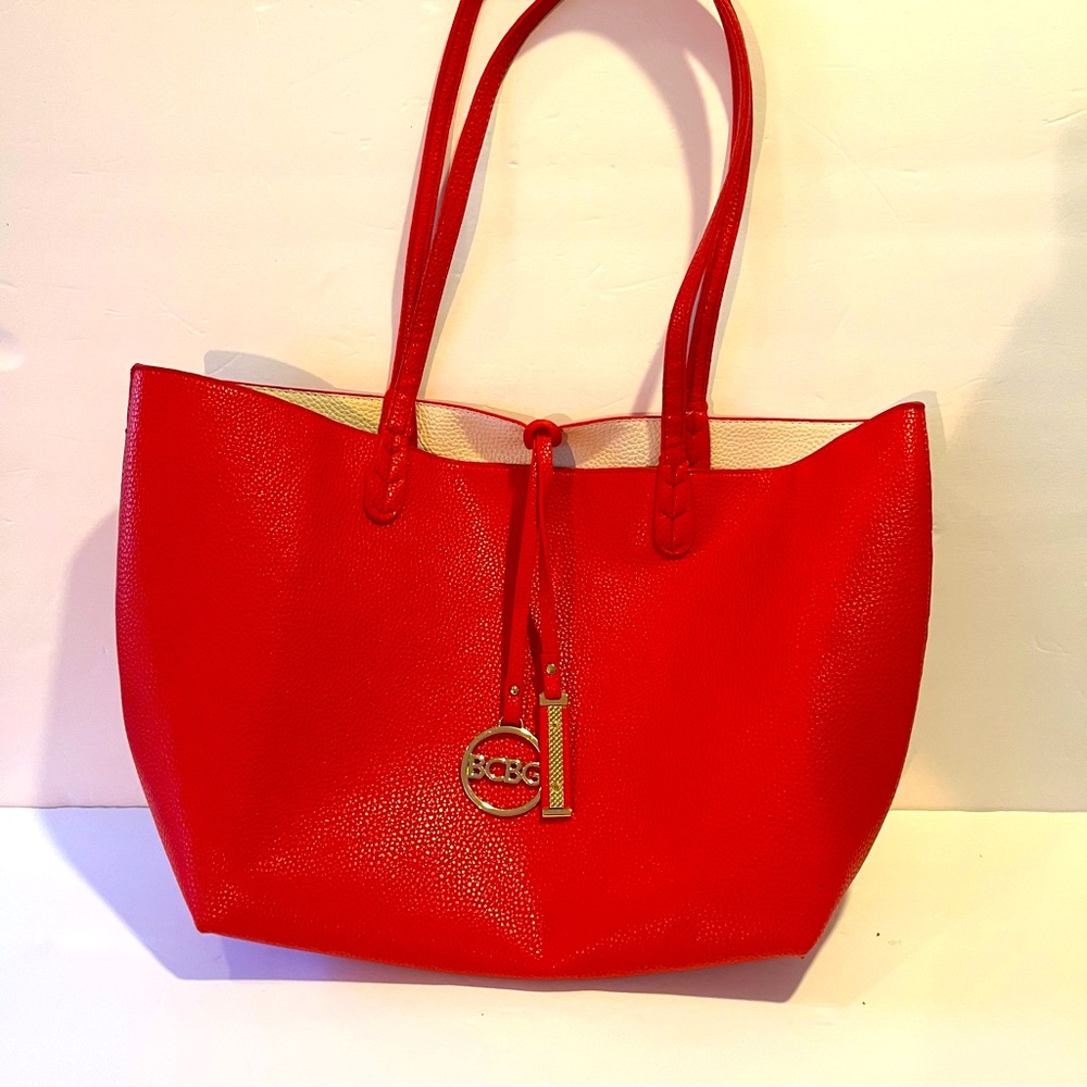 BCBG large pebbled faux leather Tote Red. Bright beautiful 13x18, w/ handle 23"